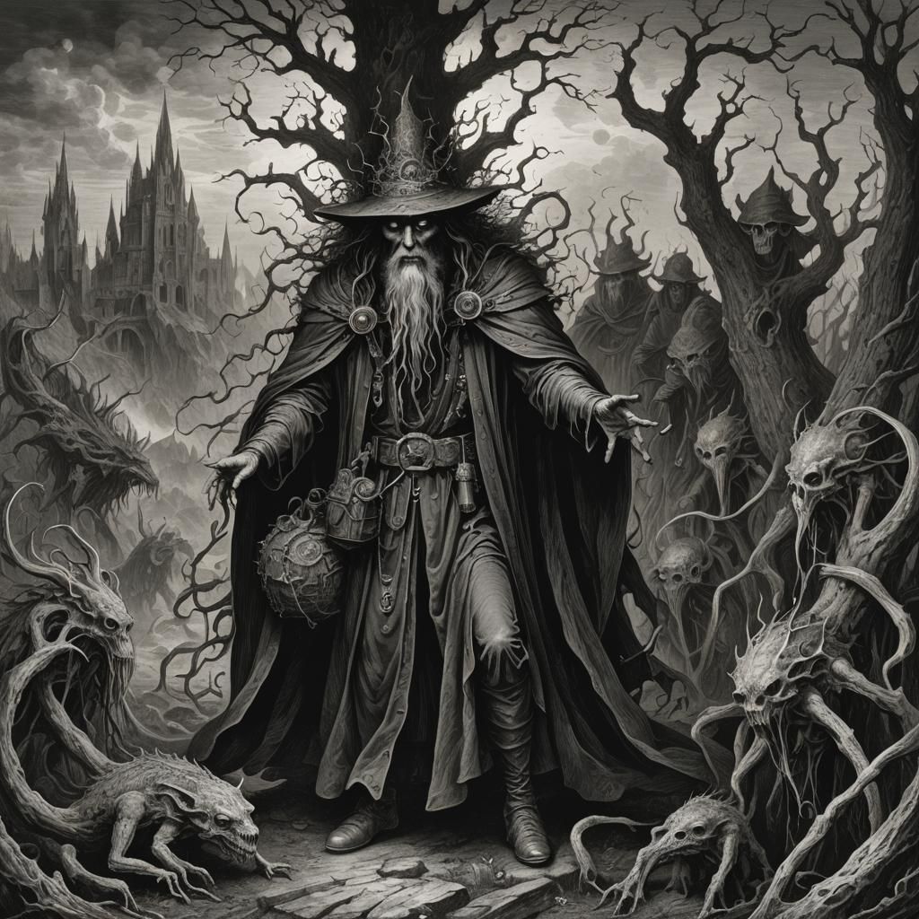 Eldritch Steampunk Druid in Gustave Doré Style