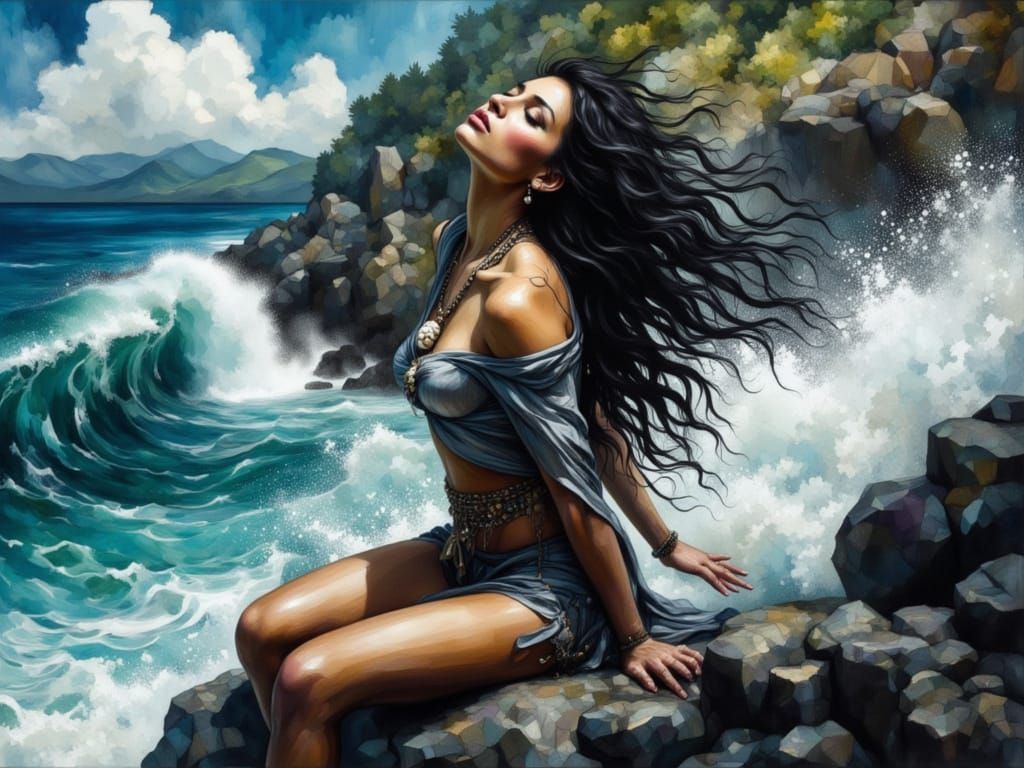 Cubist Surfer on Cliff Edge in Ink Style