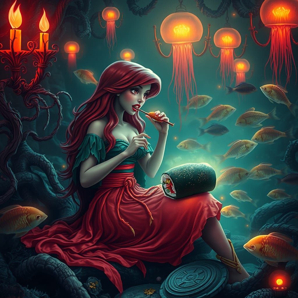 Dark Mermaid Devours Sushi in Oceanic Lair, in Whimsical Dig...