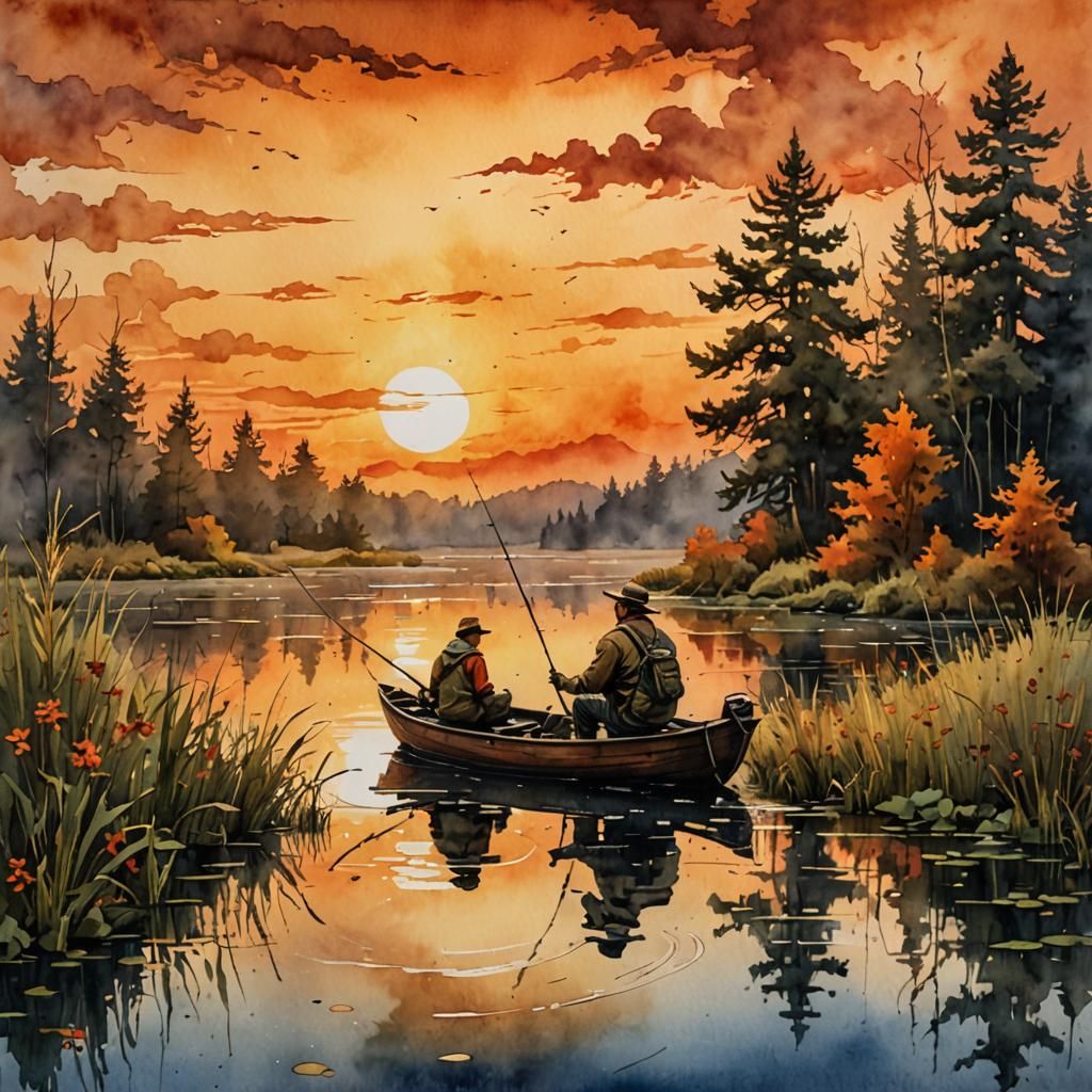 Father and Son Fishing: Watercolor and Impasto Oil
