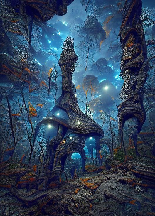 Enchanting Alien Forest at Night, Detailed Matte Painting