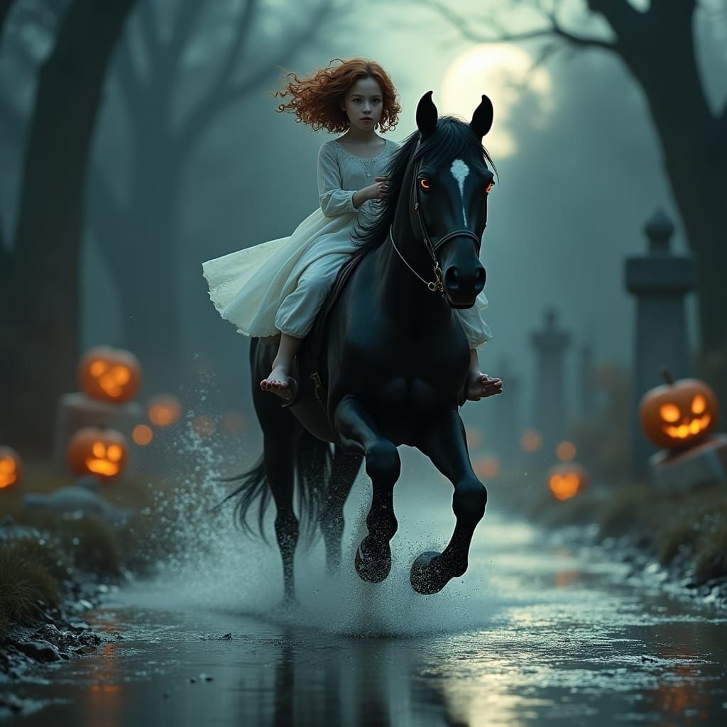 Black Horse Carries Cracked Girl Through Gothic Cemetery