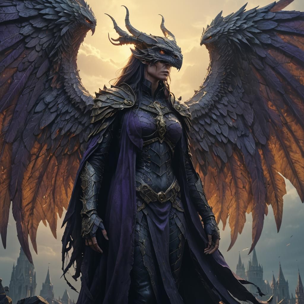 Winged Snake-Humanoid on Gothic Spire: Dark Fantasy Art