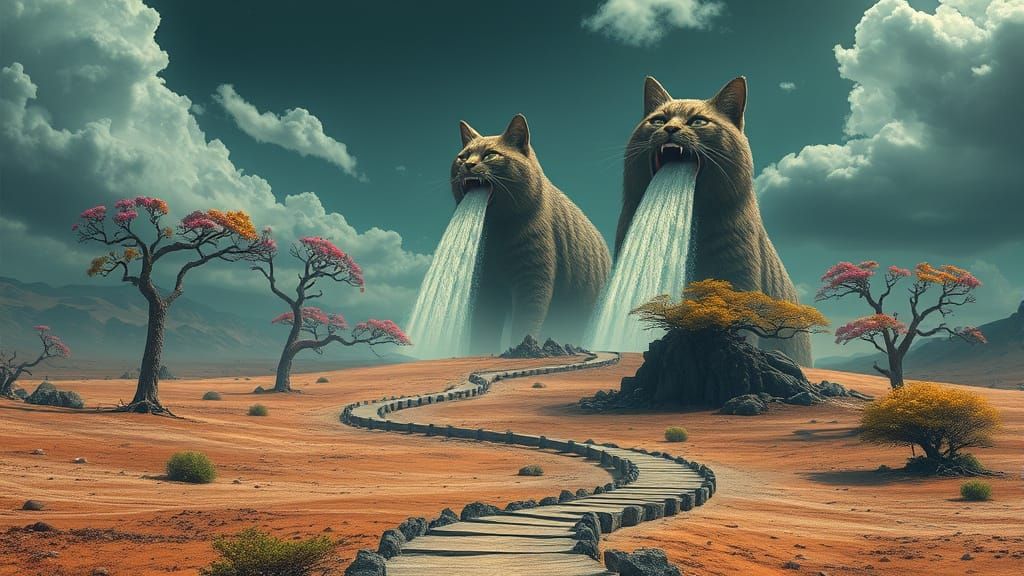 Dystopian Landscape with Waterfall-Mouthed Cyberpunk Cats