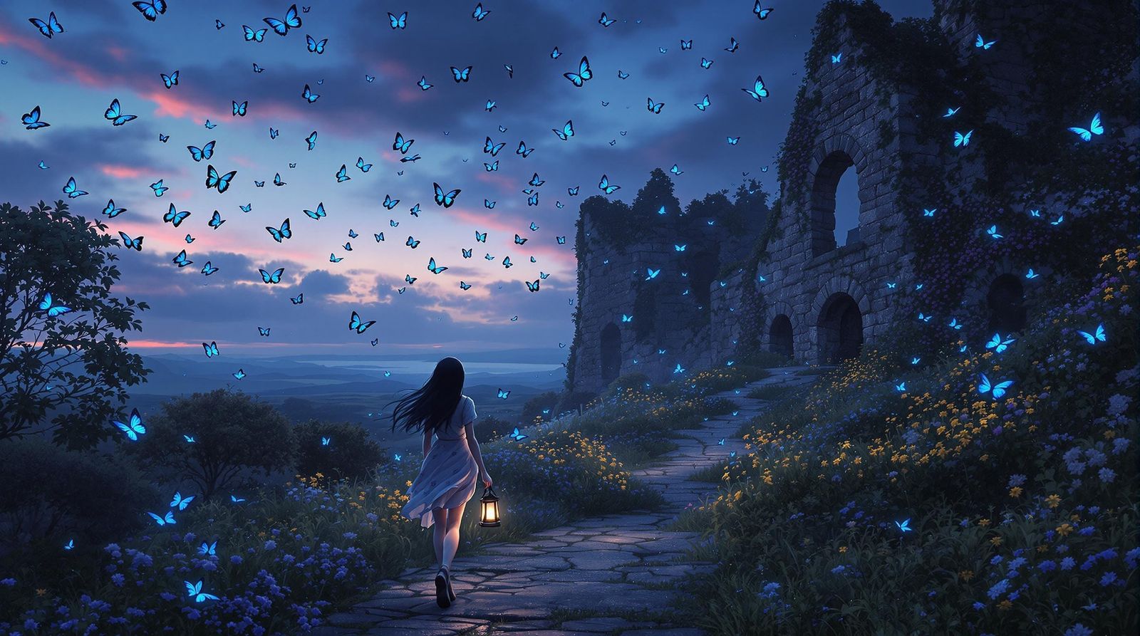 Girl Amidst Norwegian Castle Ruins in Vibrant Twilight