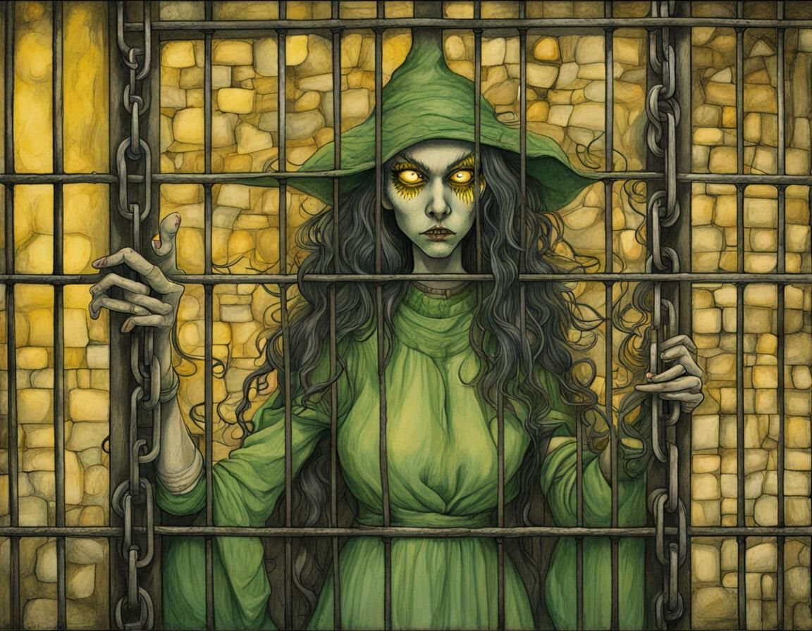 an evil green witch chained to a dark dungeon wall in a cell...