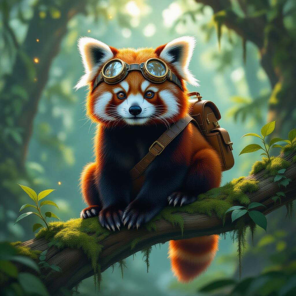 Steampunk Red Panda in Ancient Forest