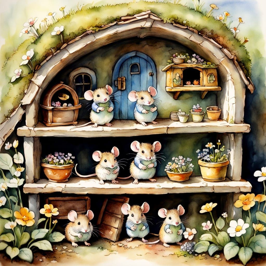 Cozy Underground Mouse House in Whimsical Watercolour Style