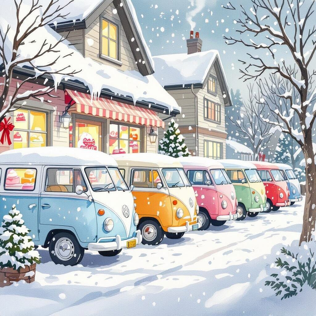 Whimsical Watercolor Ice Cream Vans in Gentle Snowfall