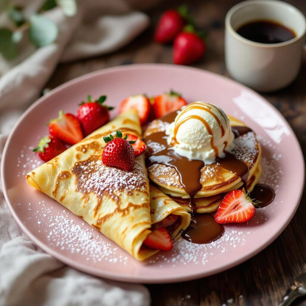 Delicious Dessert Plate with Crepe and Pancakes