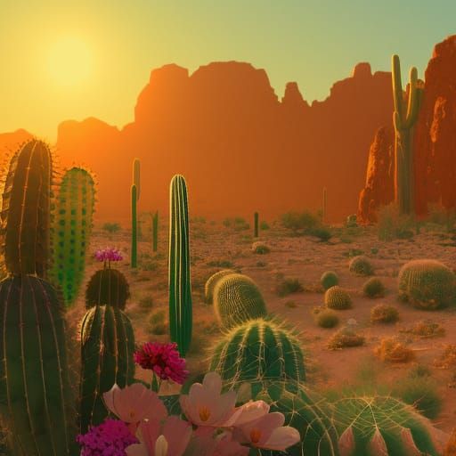 Desert Sunset Concept Art with Cacti and Flowers