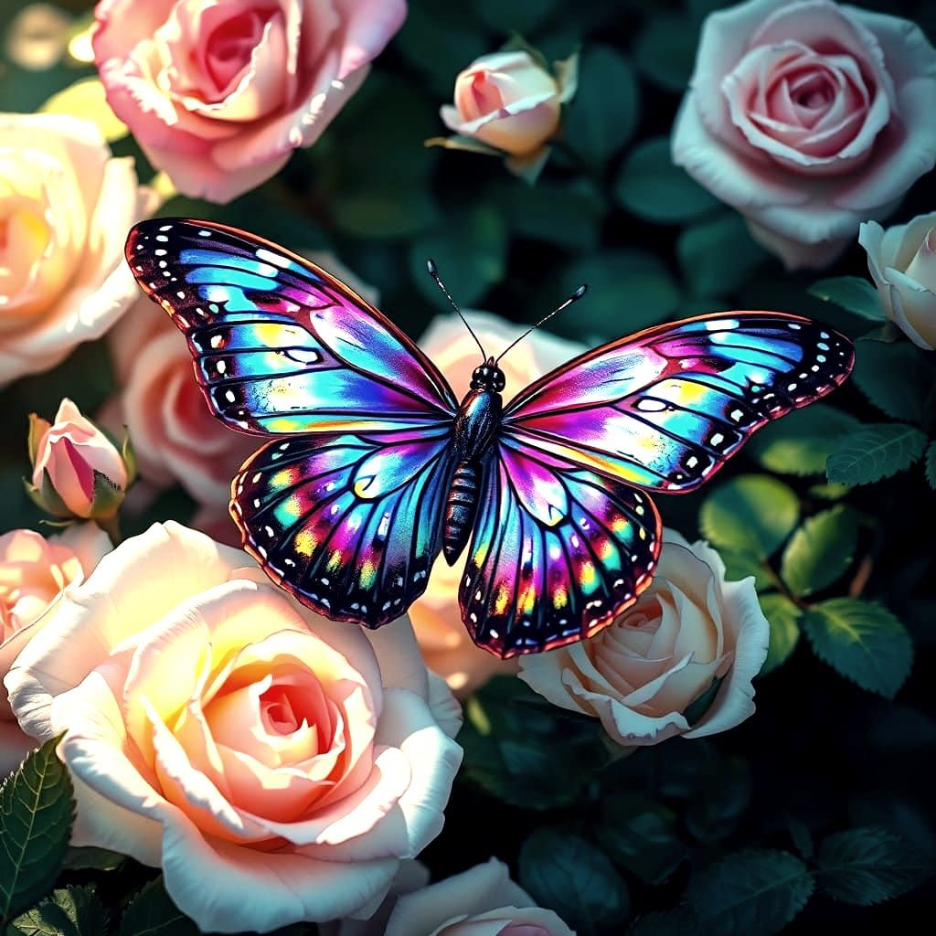 Ethereal Butterfly Amidst Vibrant Roses in Dreamlike Setting