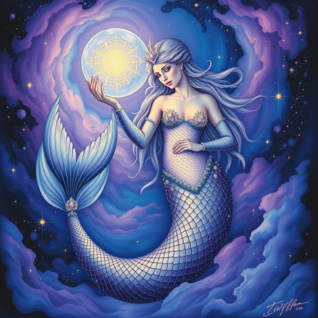 Celestial Mermaid Emerges from Nebula in Art Nouveau Style