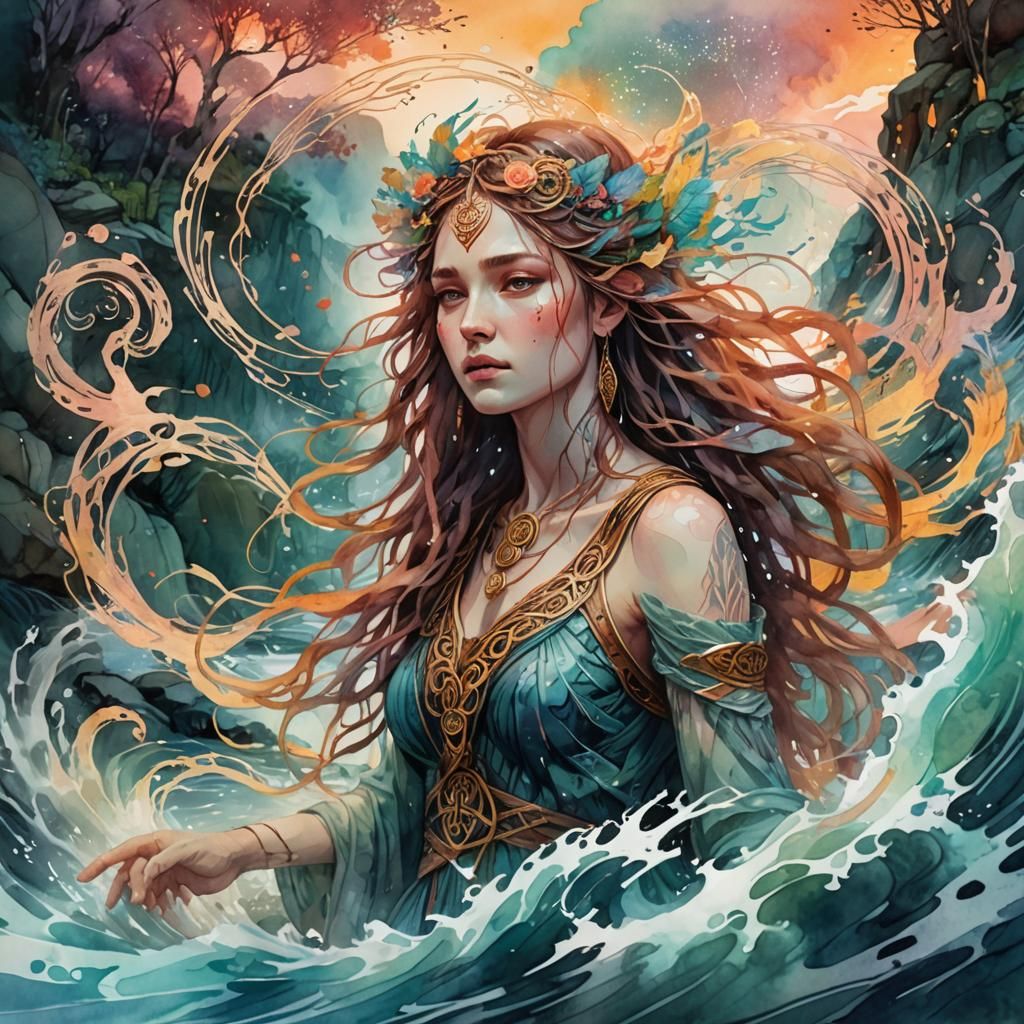 Danu Goddess Emerges: Digital Watercolor Art