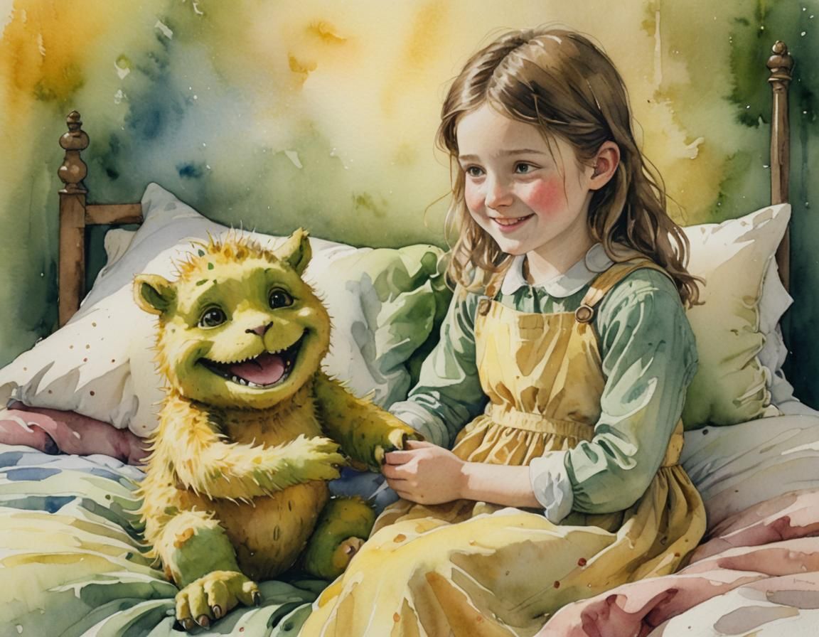 Girl Cuddles Monster in Whimsical Watercolour Painting