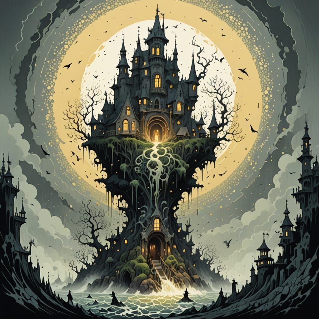 Gothic Fantasy World in Pointillist Collapse