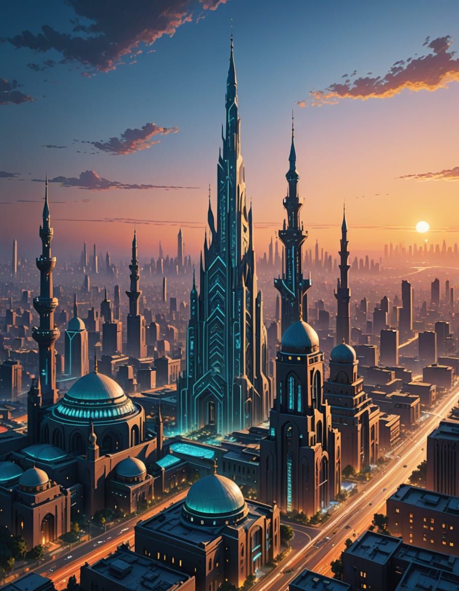 Futuristic Cyberpunk Cityscape with Mosques and Skyscrapers