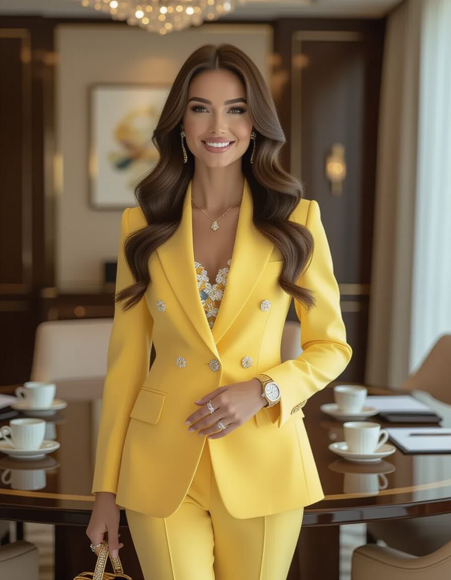 Businesswoman in Floral Yellow Suit With Luxury Watch