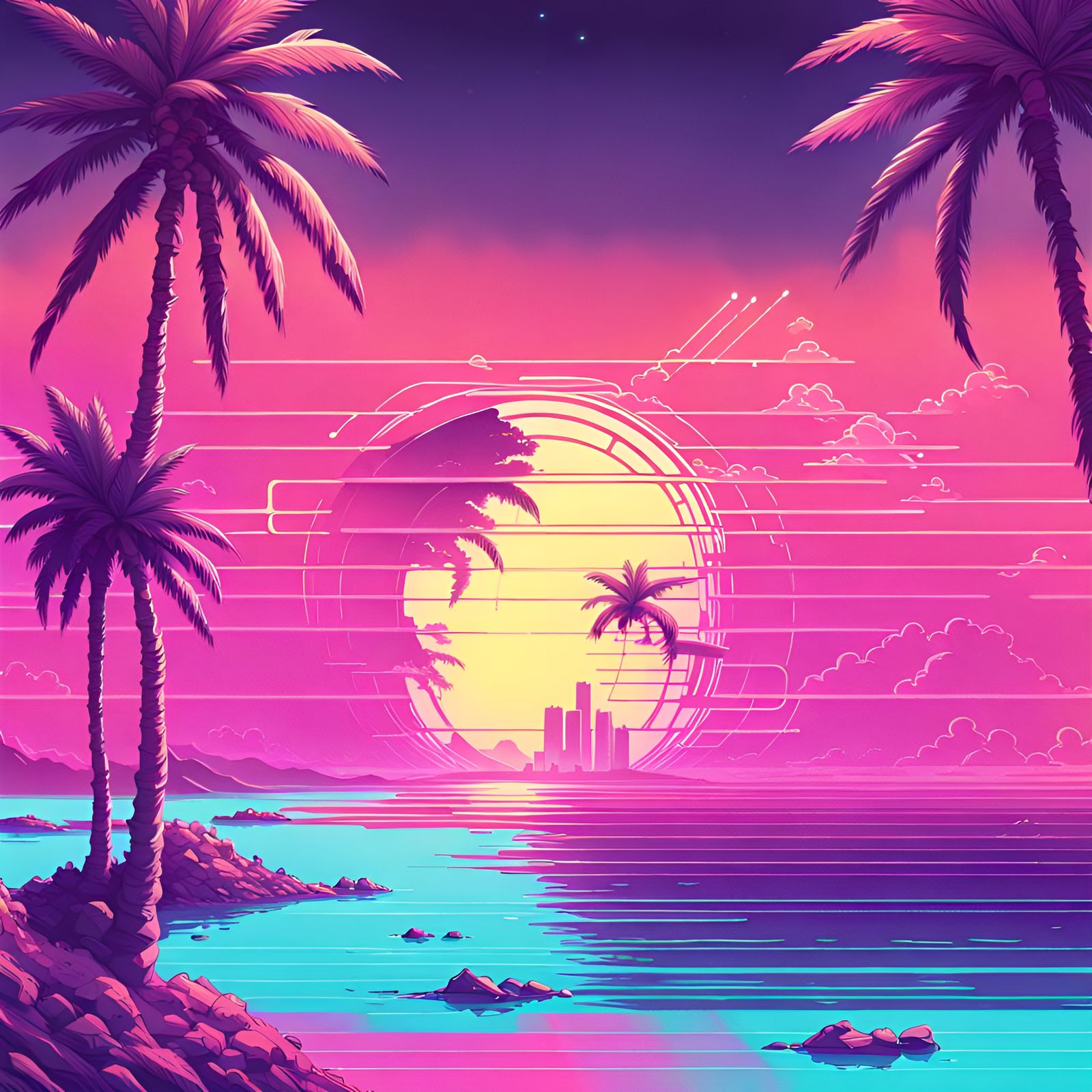 Futuristic Island Seascape in Vaporwave Style