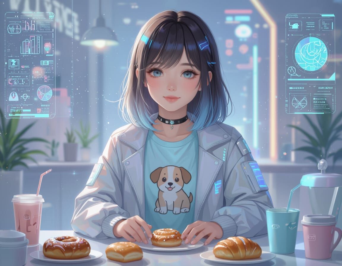 Cybercore Girl with Puppy Mascot & Pastel Foods
