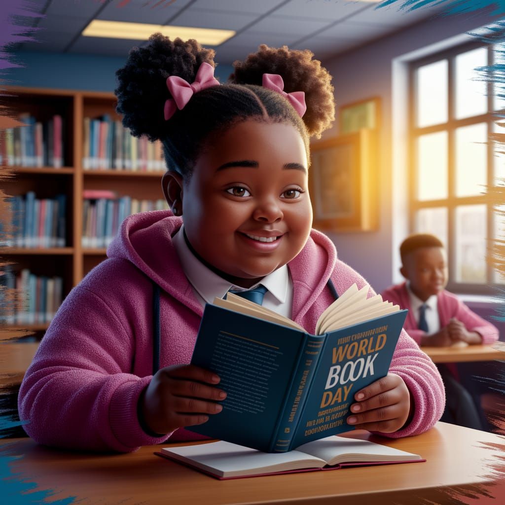 Joyful Black Teenager Reads in School Library
