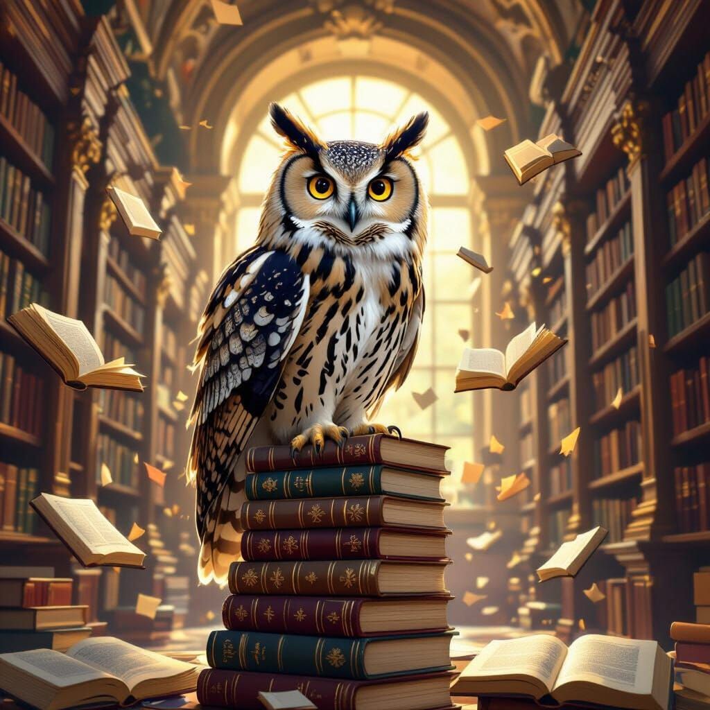 Wise Owl in Sunlit Library, School of Mafra