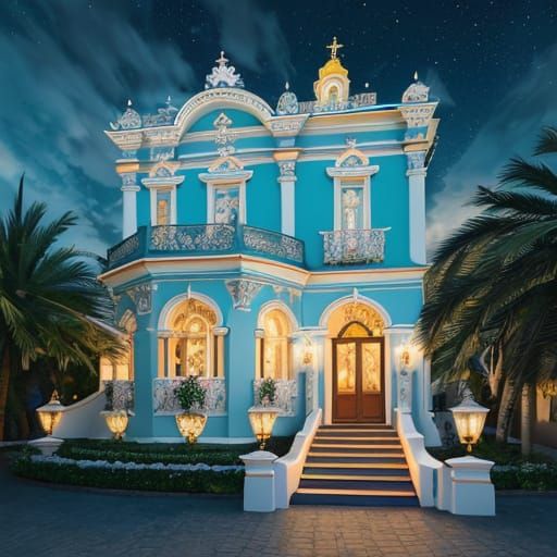 Hyperrealistic Nighttime Villa with Flowering Garden