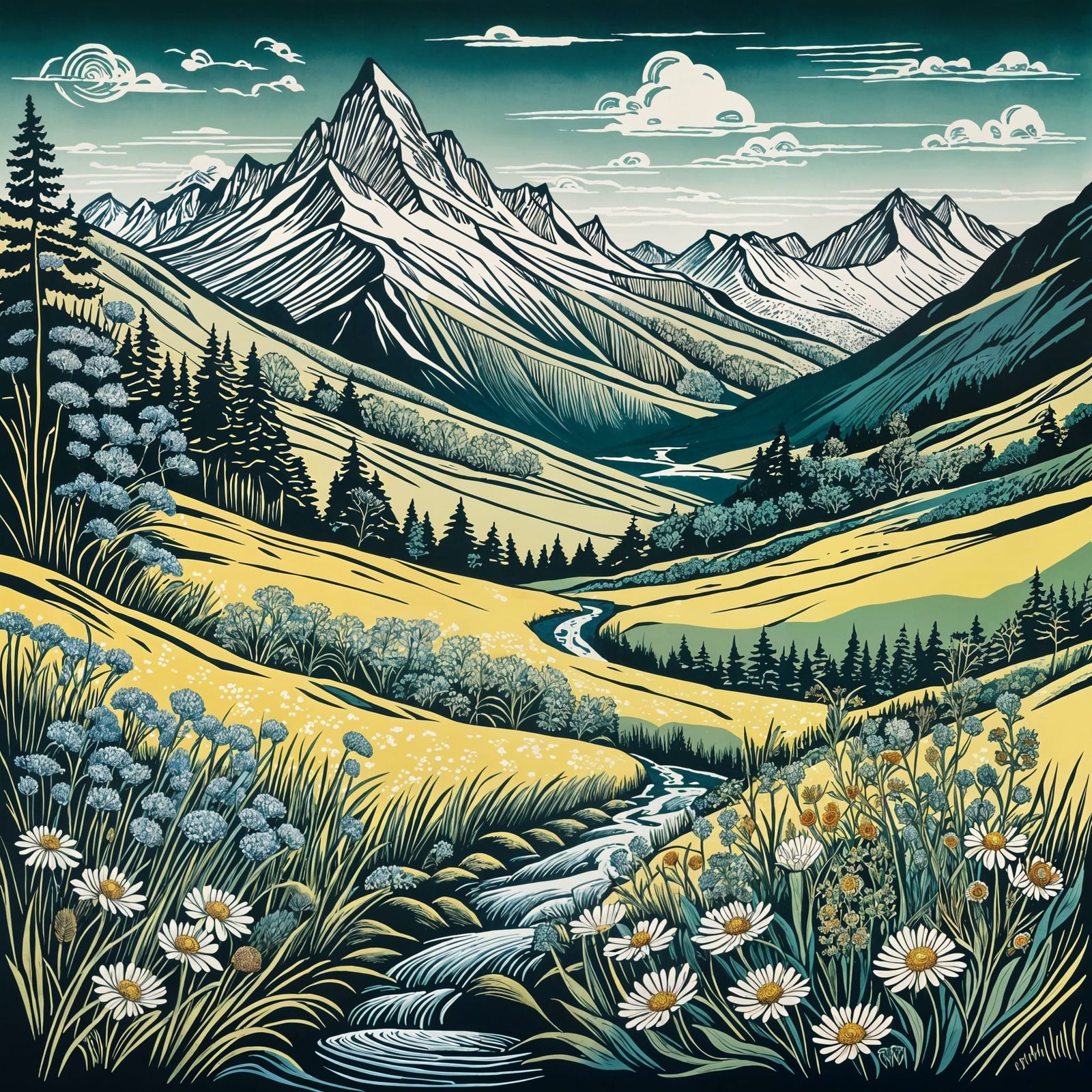 Wildflower Alpine Meadow with Crystal Stream and Snow-Capped...