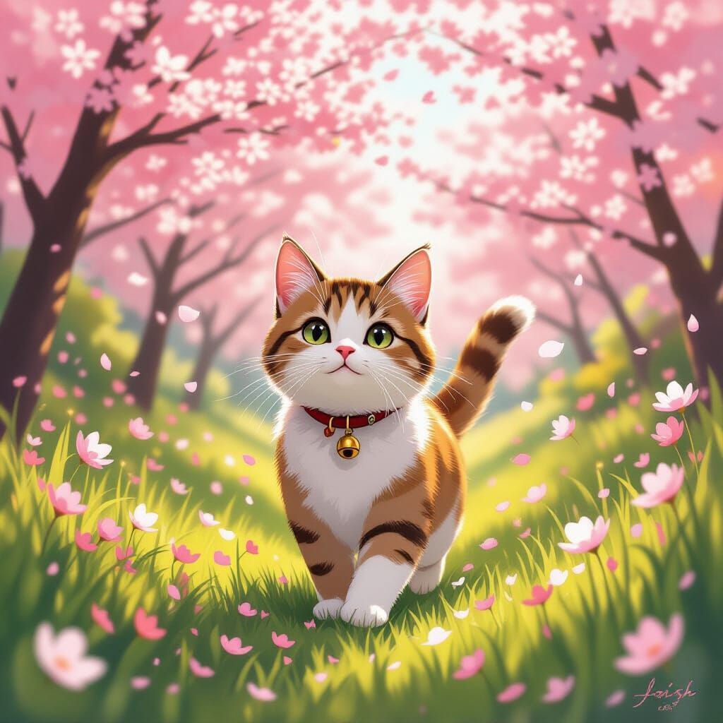 Cat in Cherry Blossom Garden, Miyazaki-esque