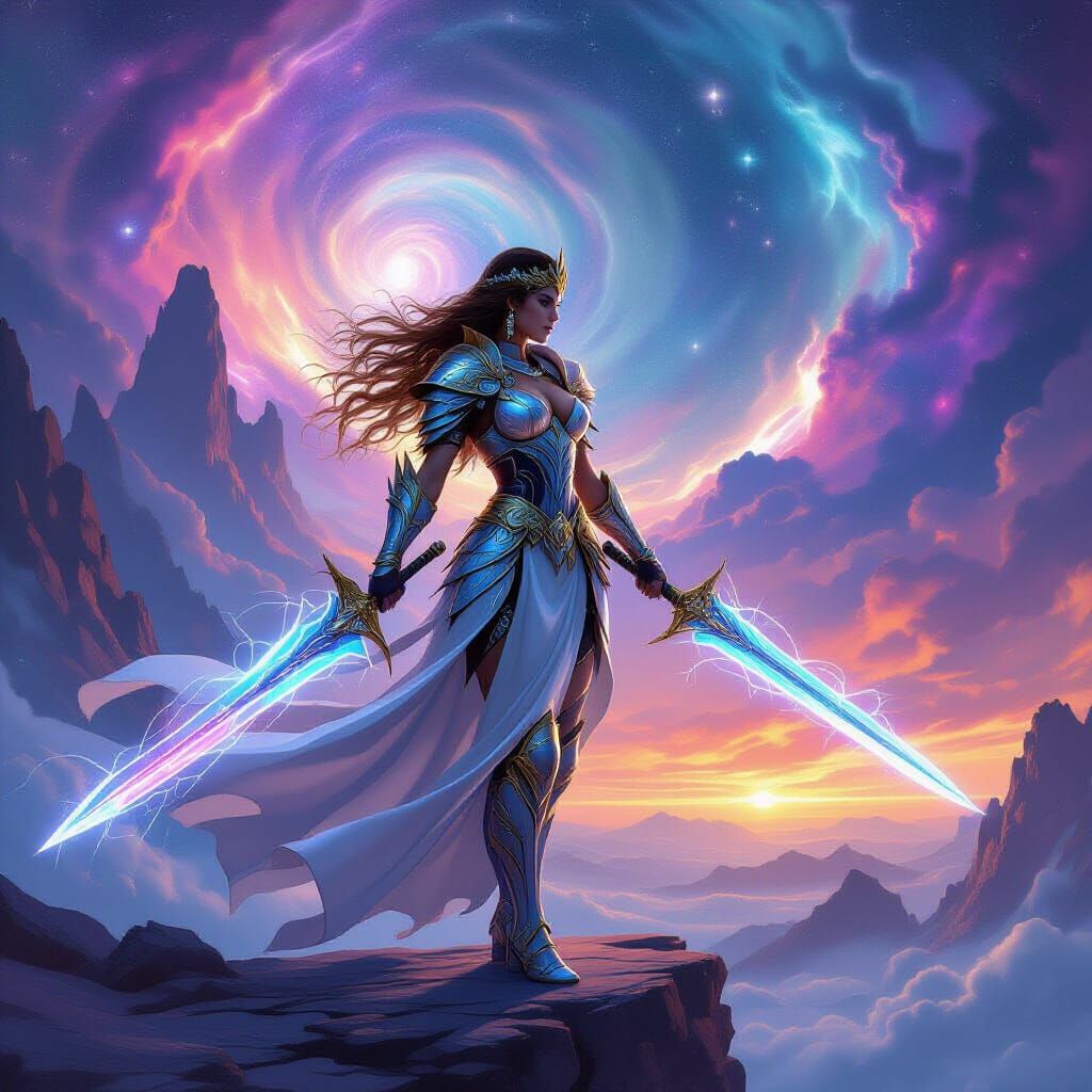 Warrior Princess in Celestial Armor with Cosmic Rift