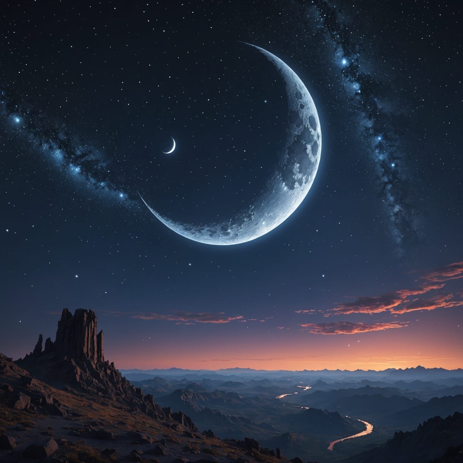 Fantastical Crescent Moon in Starry Night Sky