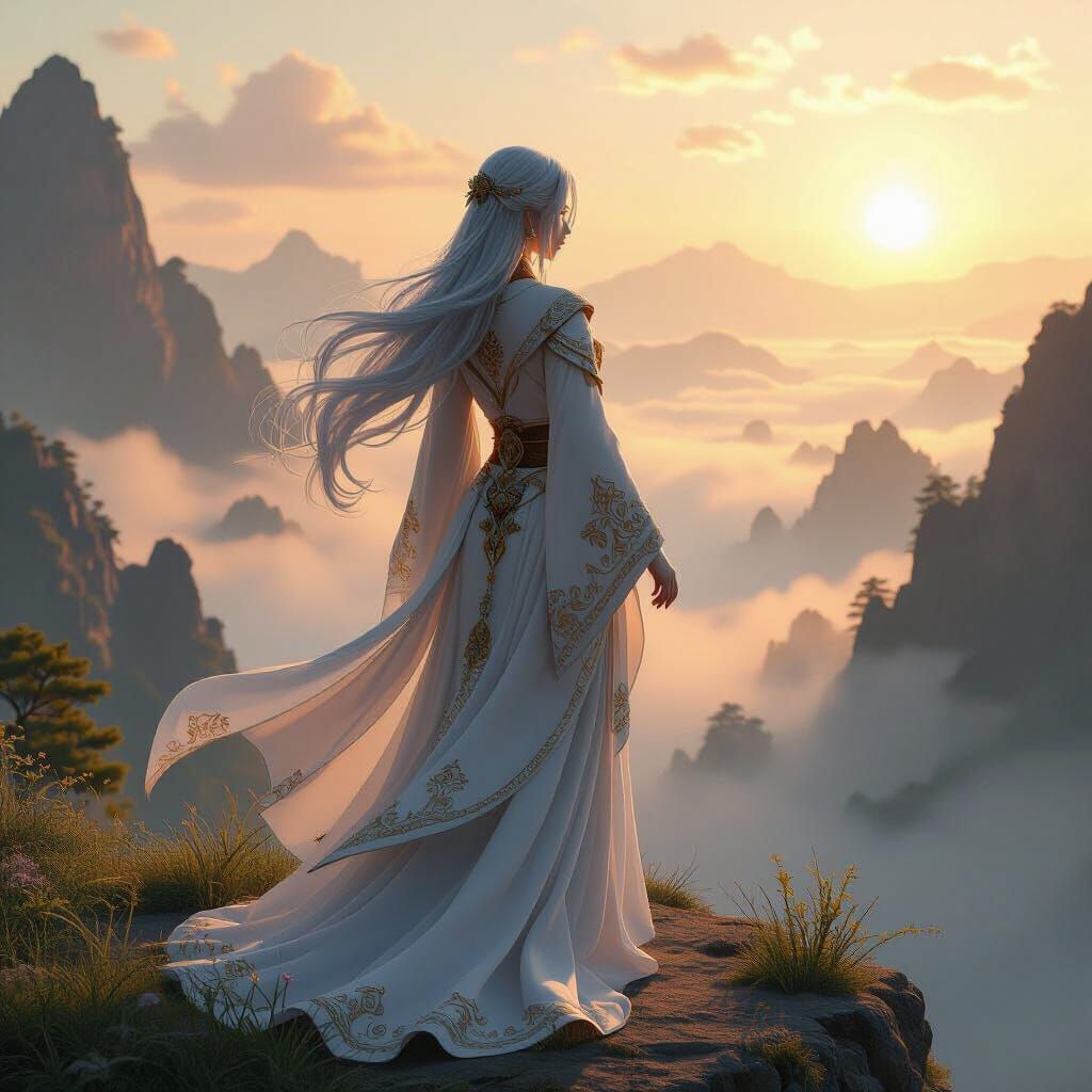 Anime Woman on Cliff at Dawn