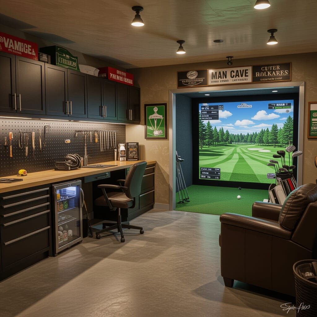 Cozy Golf-Themed Man Cave Garage with Tools
