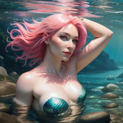 Pink-Haired Mermaid Relaxing in Sunny River