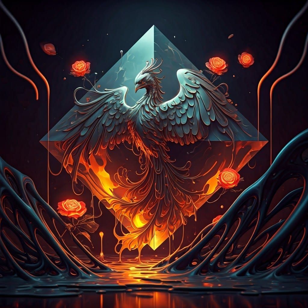 Majestic Ferrofluid Phoenix in Labyrinthine 4D Tesseract