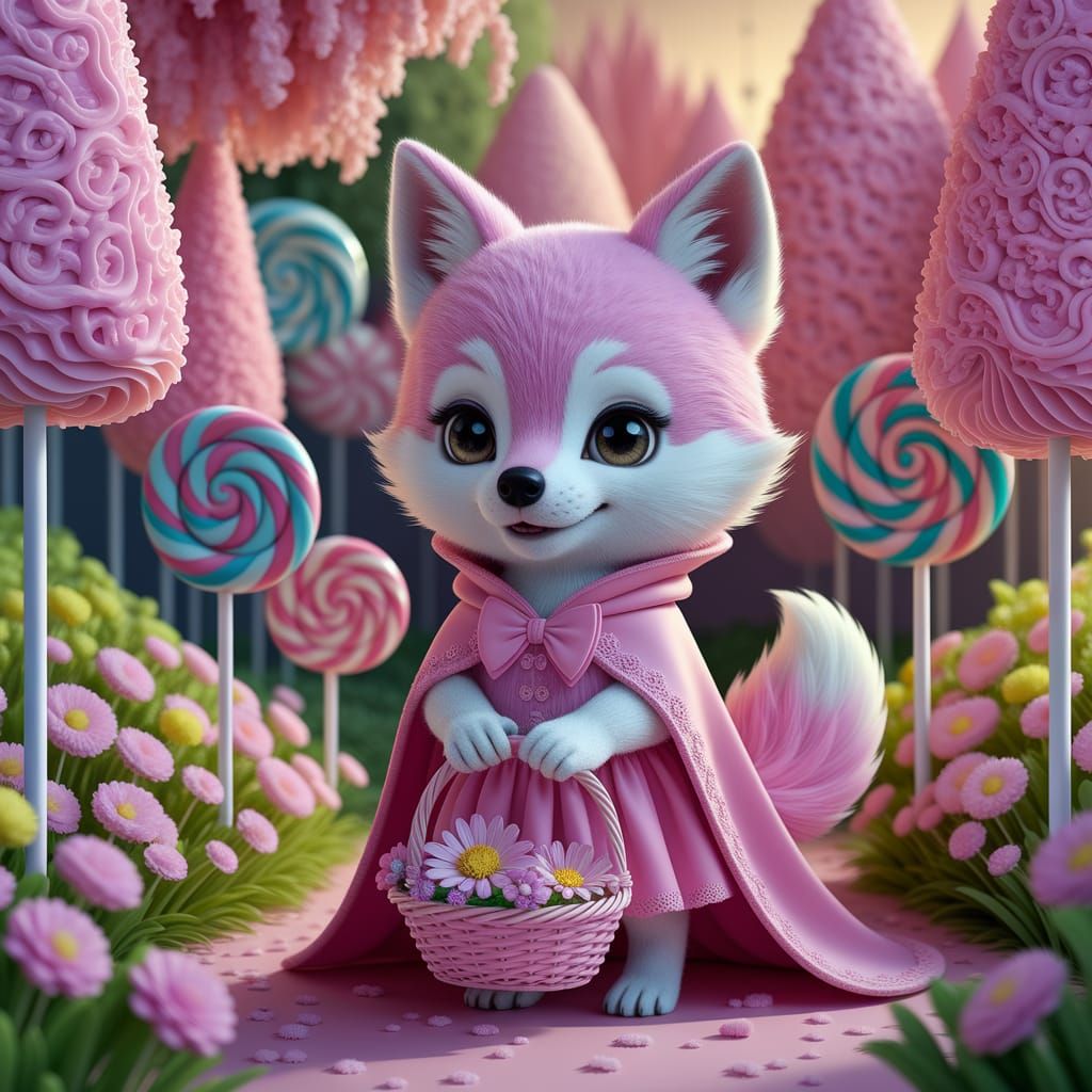 Whimsical Pink Wolf in a Dreamlike Forest