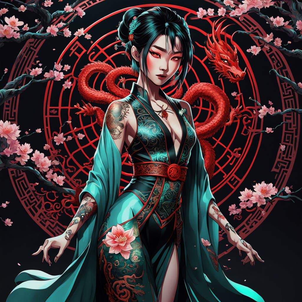 Dark Fantasy Anime Mulan in Scarlet Spiderweb Suit with Jade...
