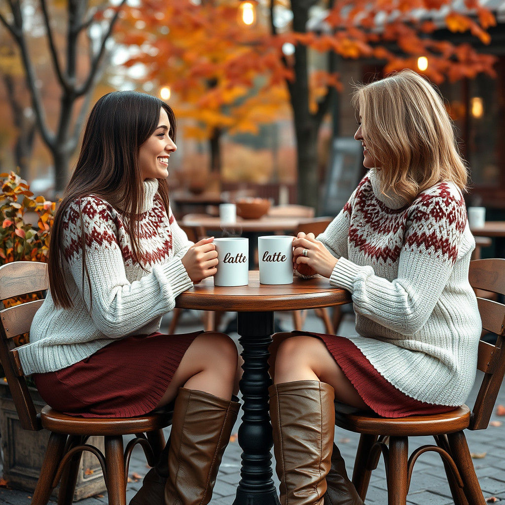 Friends Share Latte in Autumn, Matte Painting Style