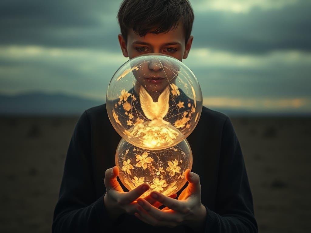 Sorrowful Figure Holds Shattered Heaven in Desolate Landscap...