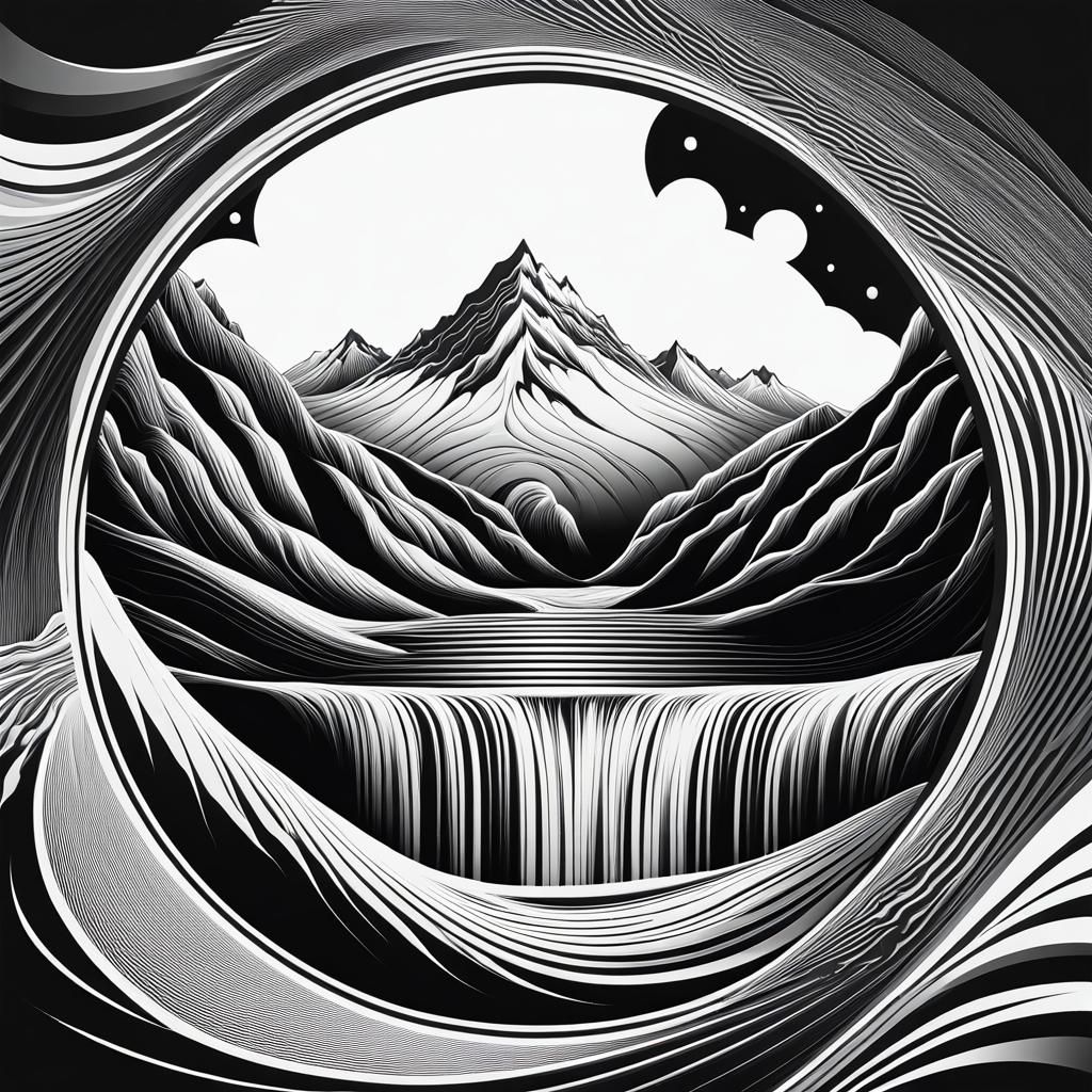 Monochromatic Glacier Waterfall with Abstract Fractals
