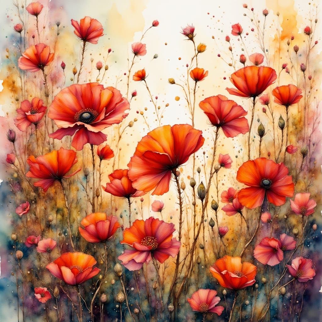 Vibrant Red Poppies in Watercolor Impressionist Style