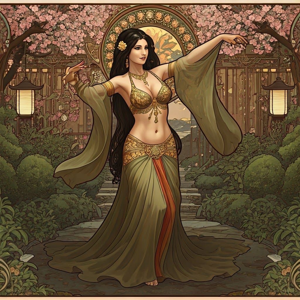 Belly Dancer in Japanese Garden, Art Nouveau Style