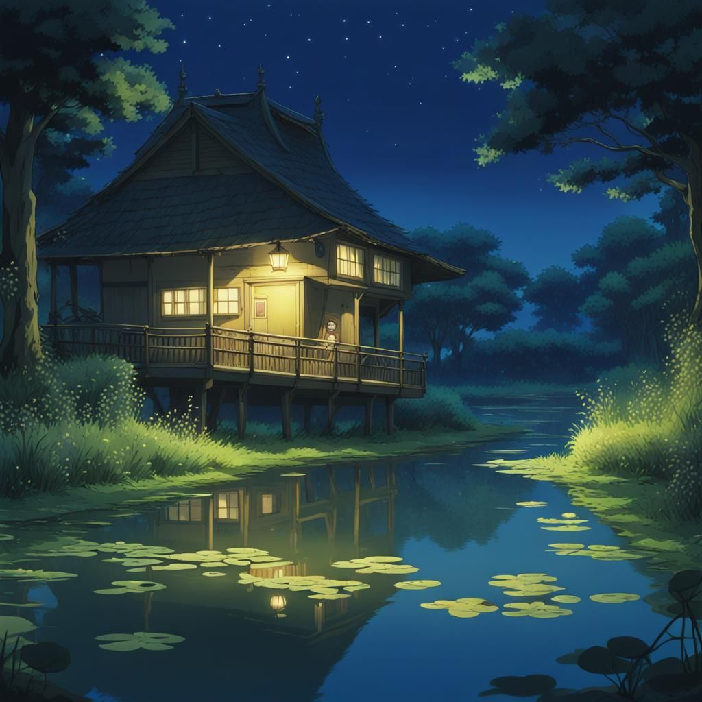 Night Frog Pond: Studio Ghibli Anime Visual