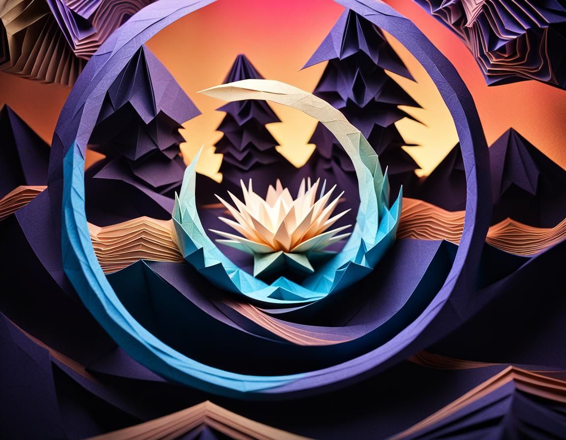 Psychedelic Origami King in Geometric Papercraft Style