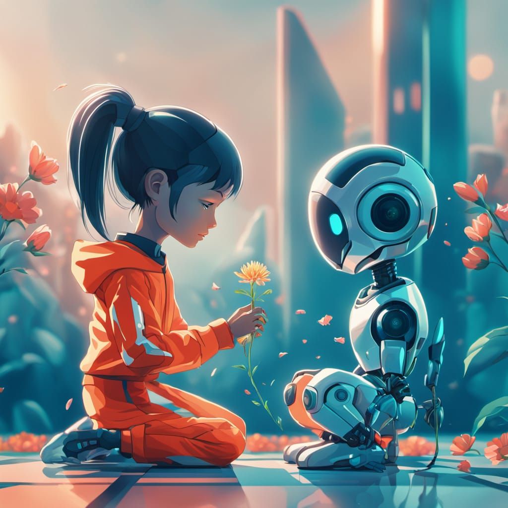 Young Human Shares Flower with AI Robot