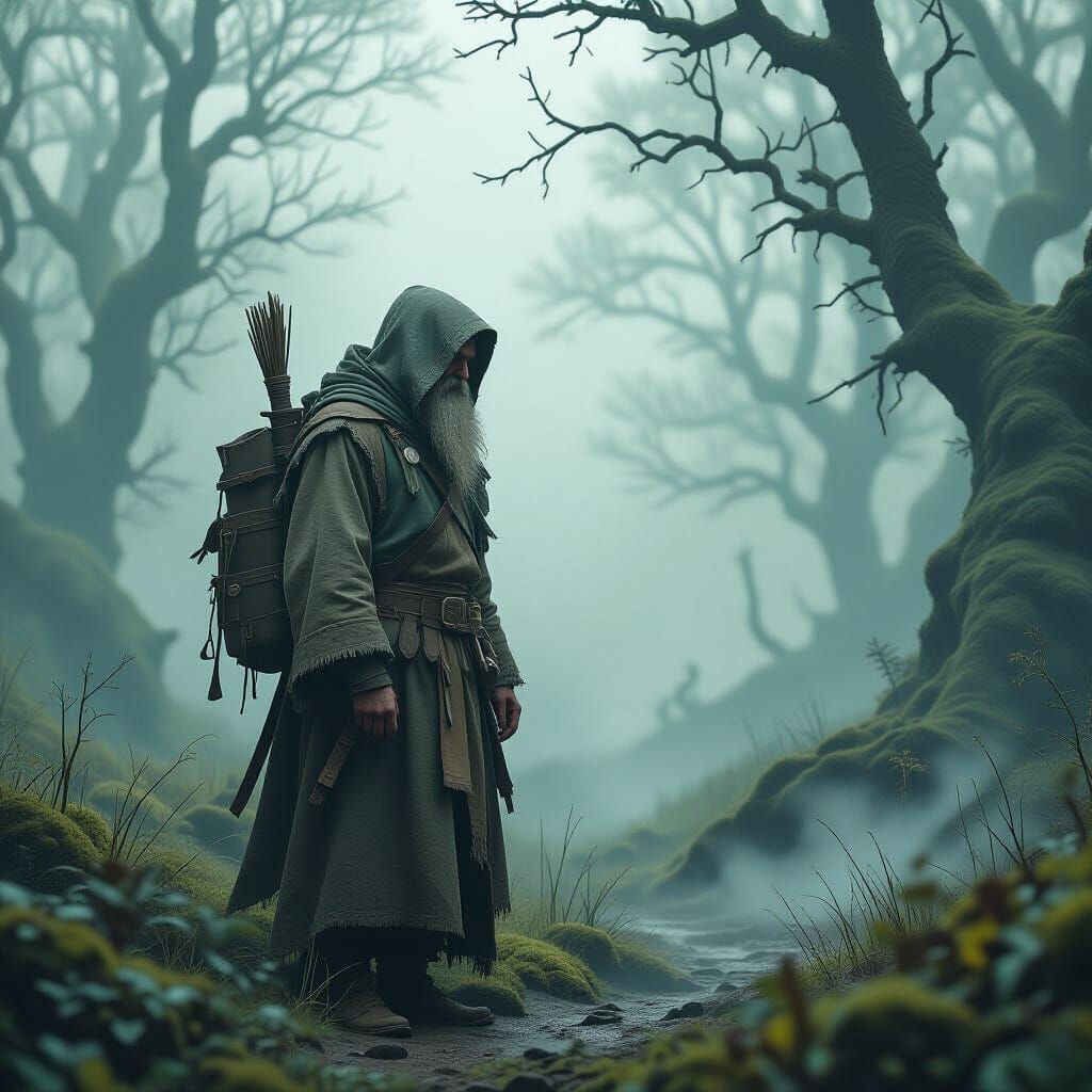 Nostalgic Figure Among Mystical Trees in Rustic Realism