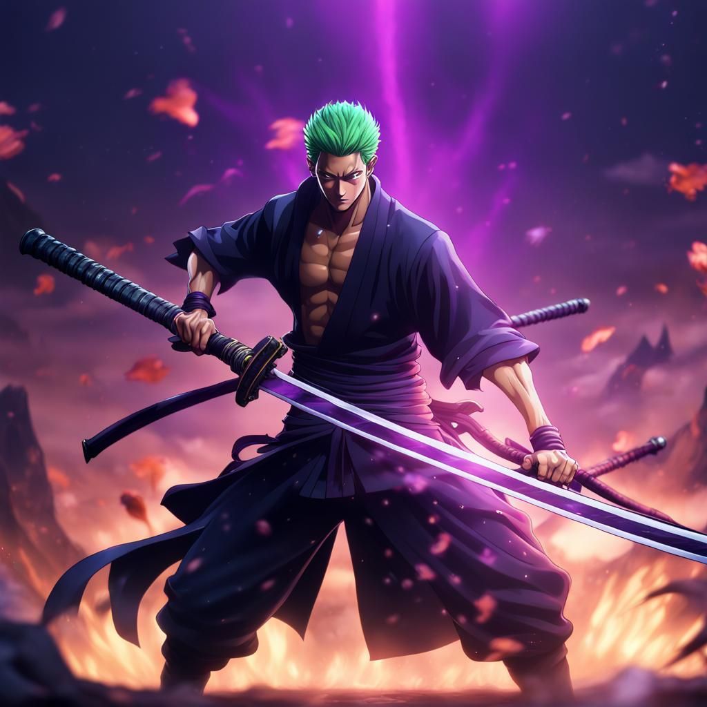 Anime Swordsman with Nine Swords and Purple Aura