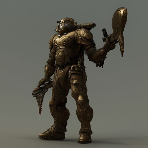 Futuristic Bronze Warrior with Spear in Sci-Fi Style