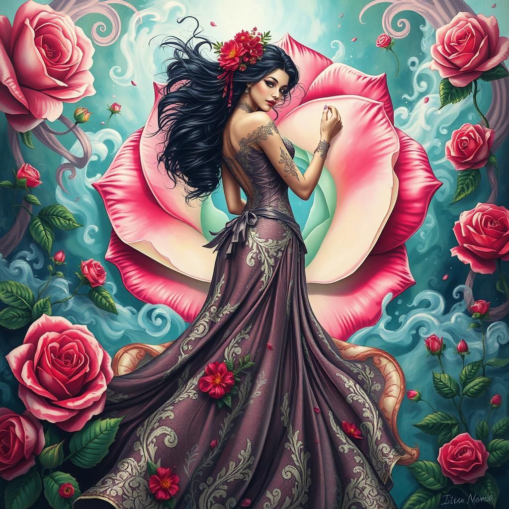 Woman Emerges from Rose in Fantasy World