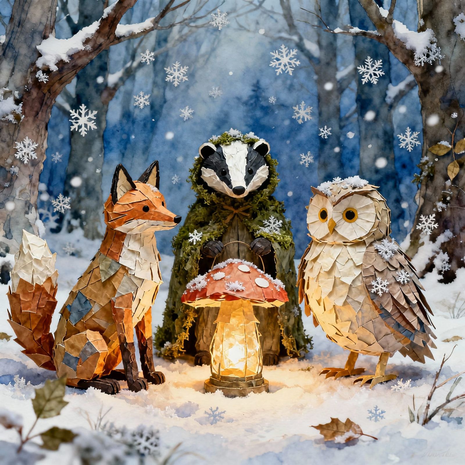 Forest Creatures in Snowy Glade Watercolor Style